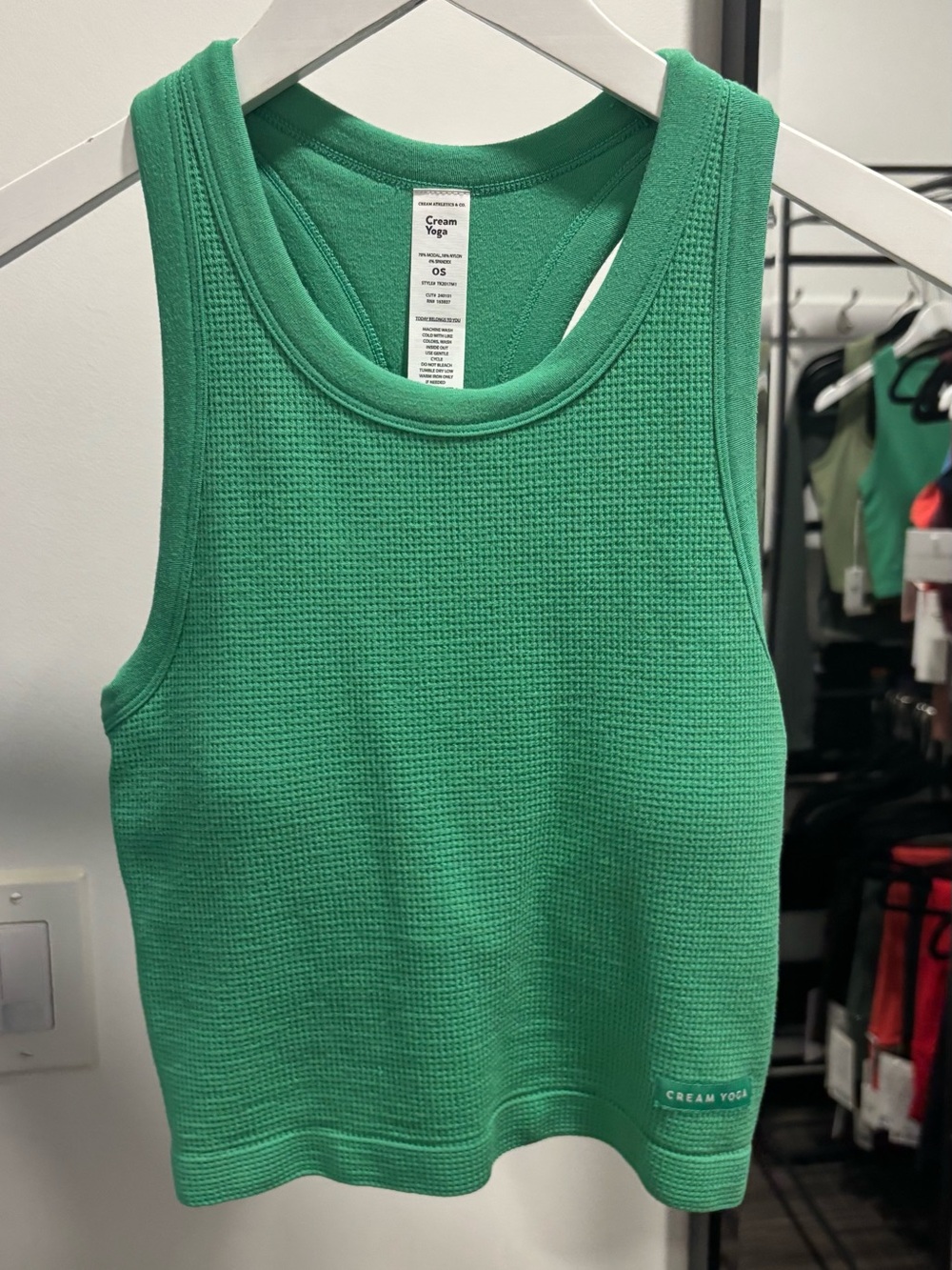Cream Yoga Women's Green Waffle Tank built in bra. One size